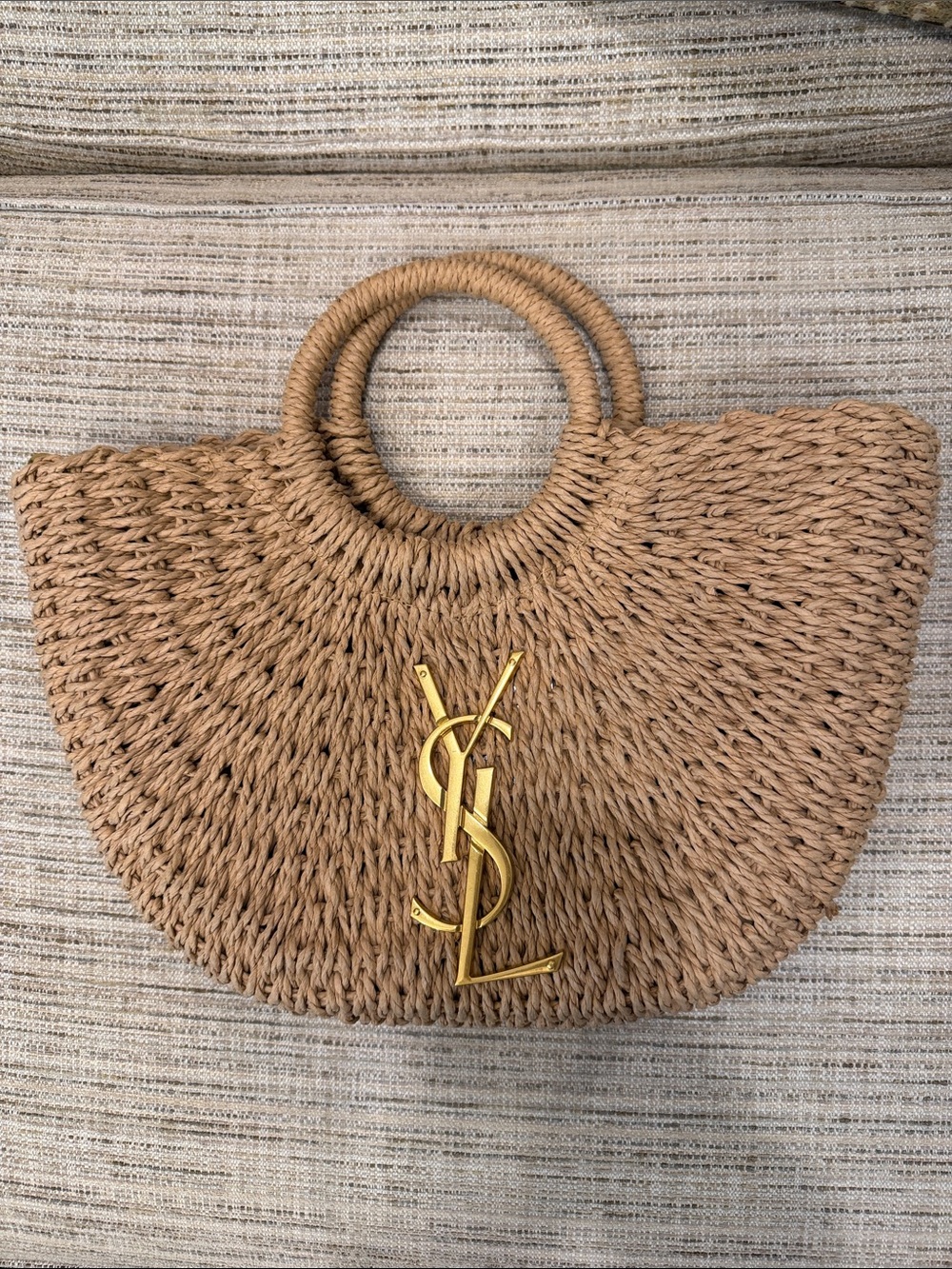Designer Replica Tan Braided Straw Tote with Gold Emblem